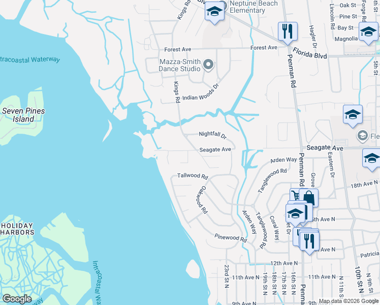 map of restaurants, bars, coffee shops, grocery stores, and more near 2091 Lois Lane in Jacksonville Beach