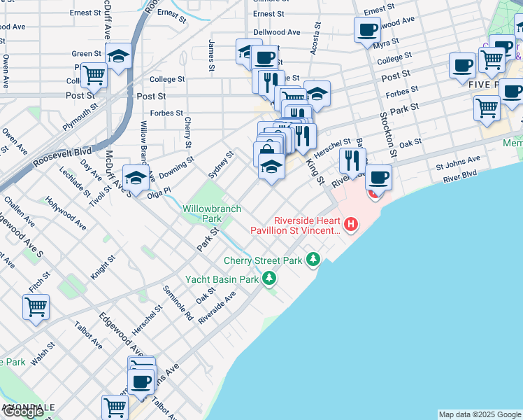 map of restaurants, bars, coffee shops, grocery stores, and more near 2820 Herschel Street in Jacksonville