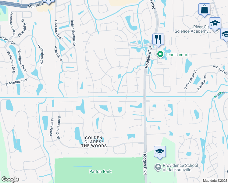 map of restaurants, bars, coffee shops, grocery stores, and more near 2351 Fallen Tree Drive West in Jacksonville