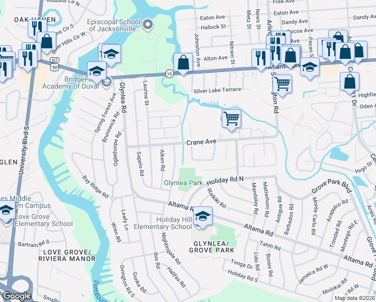 map of restaurants, bars, coffee shops, grocery stores, and more near 414 Tabor Drive South in Jacksonville