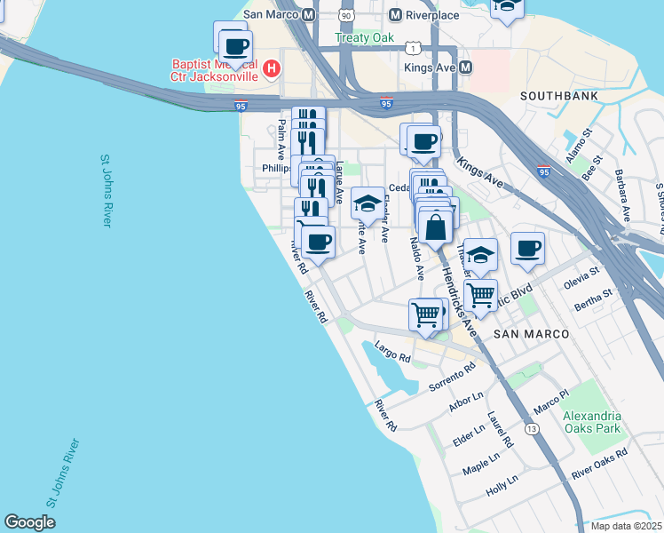 map of restaurants, bars, coffee shops, grocery stores, and more near 1667 San Marco Boulevard in Jacksonville