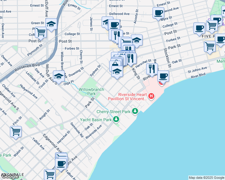 map of restaurants, bars, coffee shops, grocery stores, and more near 2820 Herschel Street in Jacksonville