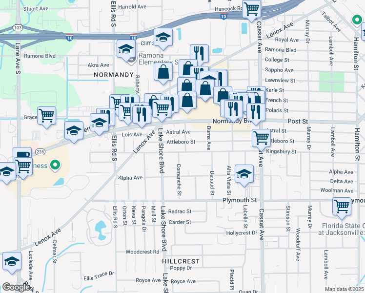 map of restaurants, bars, coffee shops, grocery stores, and more near 5318 Attleboro Street in Jacksonville