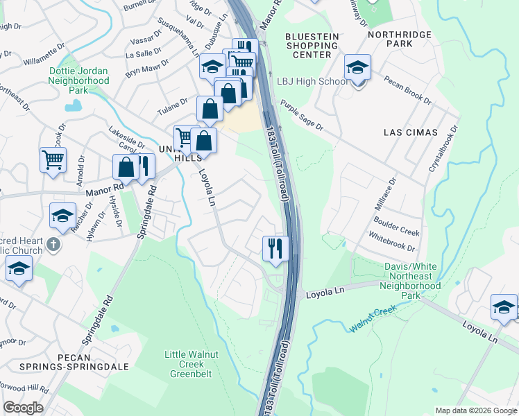 map of restaurants, bars, coffee shops, grocery stores, and more near 6618 Highpoint Drive in Austin