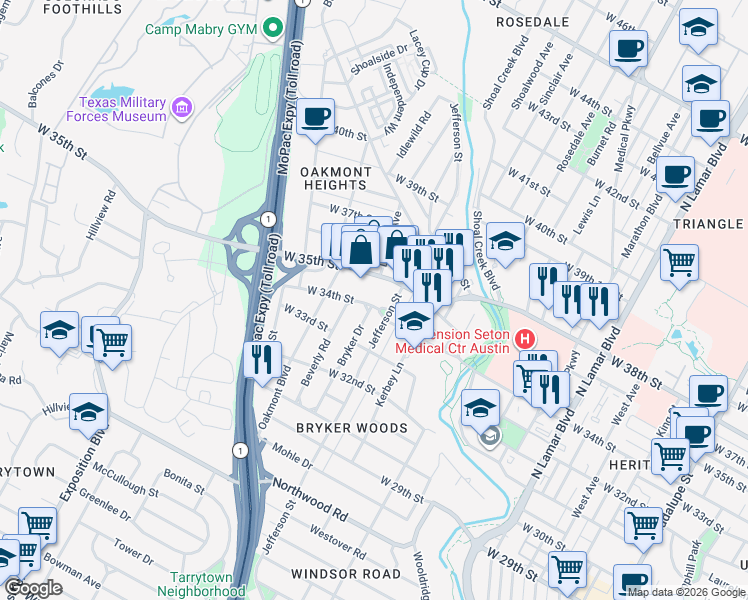 map of restaurants, bars, coffee shops, grocery stores, and more near 1811 West 35th Street in Austin