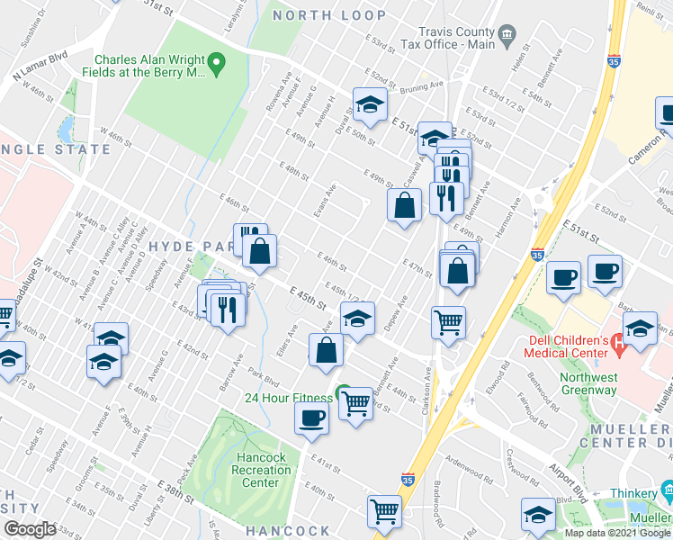 map of restaurants, bars, coffee shops, grocery stores, and more near 705 East 46th Street in Austin