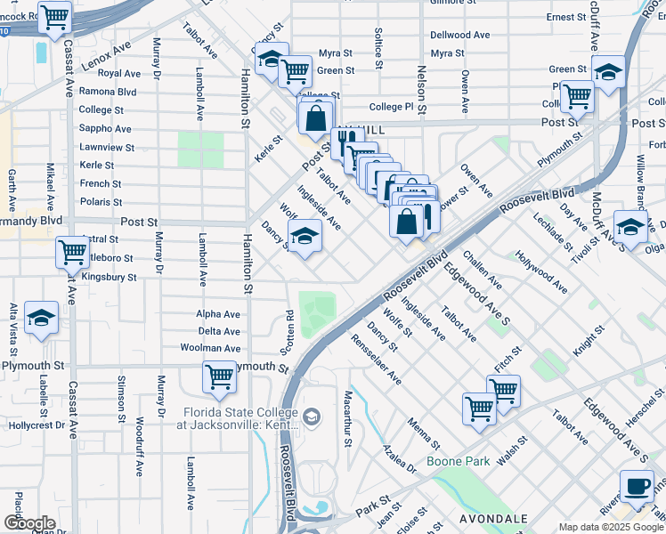 map of restaurants, bars, coffee shops, grocery stores, and more near 4115 Trask Street in Jacksonville
