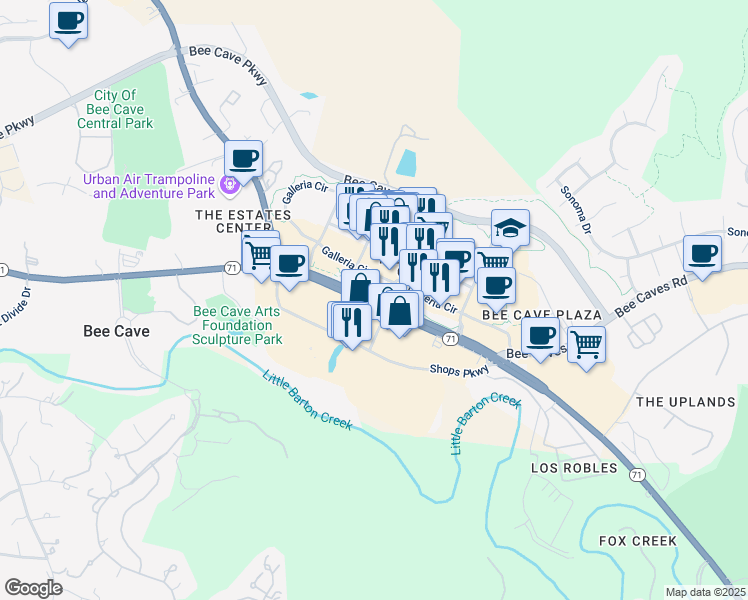 map of restaurants, bars, coffee shops, grocery stores, and more near 12800 Texas 71 in Austin