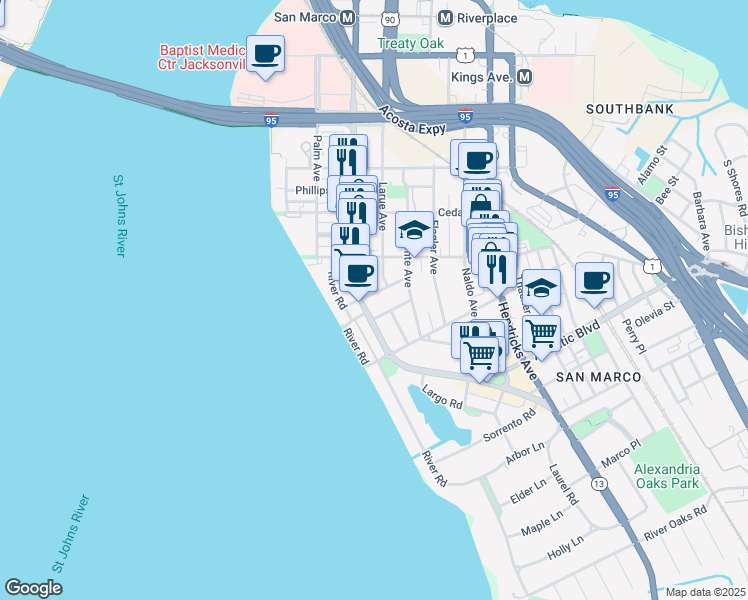 map of restaurants, bars, coffee shops, grocery stores, and more near 1012 Riviera Street in Jacksonville