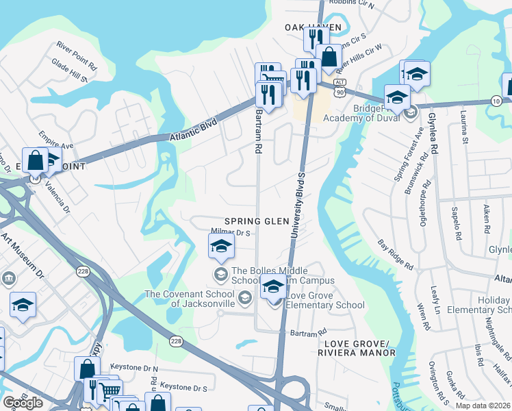map of restaurants, bars, coffee shops, grocery stores, and more near 5627 Coquina Gates Street in Jacksonville