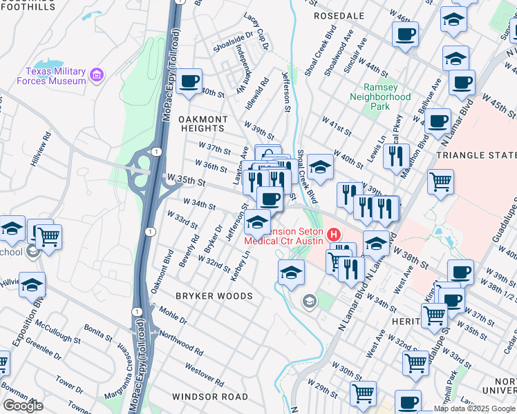 map of restaurants, bars, coffee shops, grocery stores, and more near 3503 Kerbey Lane in Austin