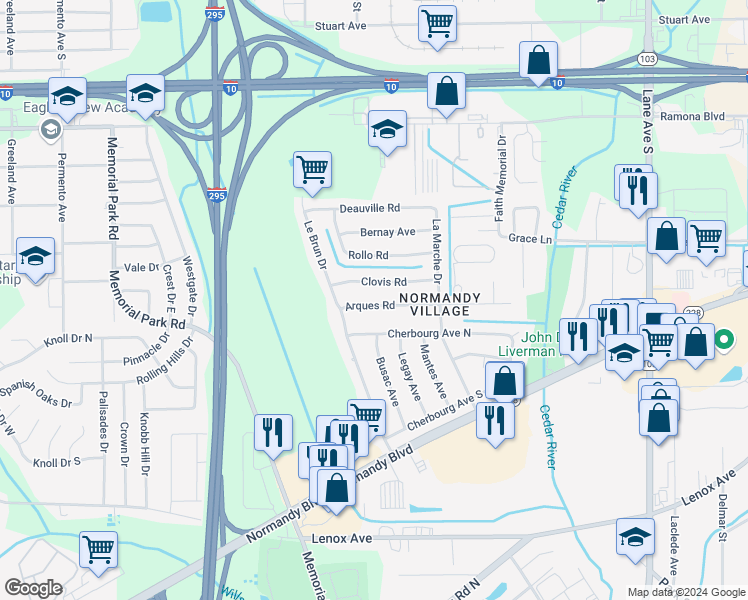 map of restaurants, bars, coffee shops, grocery stores, and more near 7017 Arques Road in Jacksonville