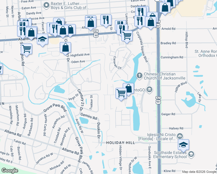 map of restaurants, bars, coffee shops, grocery stores, and more near in Jacksonville