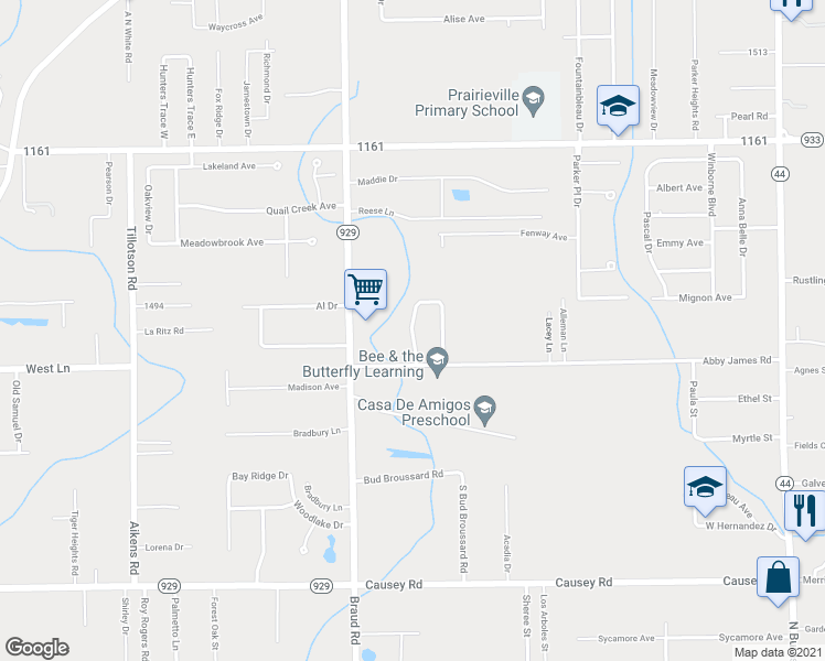 map of restaurants, bars, coffee shops, grocery stores, and more near 16317 Natalie Lane in Prairieville