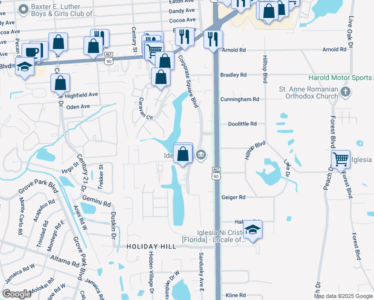 map of restaurants, bars, coffee shops, grocery stores, and more near 2100 Corporate Square Boulevard in Jacksonville