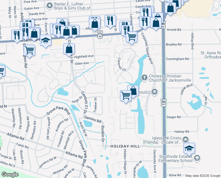 map of restaurants, bars, coffee shops, grocery stores, and more near 448 Matilda Lane in Jacksonville