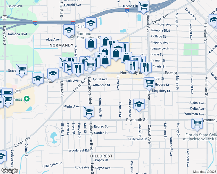 map of restaurants, bars, coffee shops, grocery stores, and more near 5242 Attleboro Street in Jacksonville