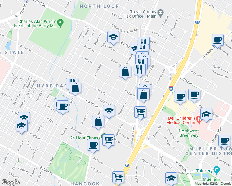 map of restaurants, bars, coffee shops, grocery stores, and more near 803 East 47th Street in Austin
