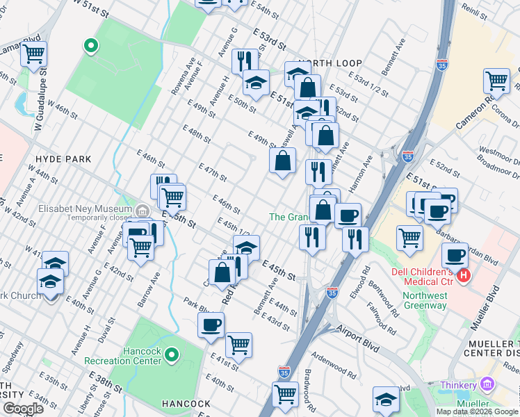 map of restaurants, bars, coffee shops, grocery stores, and more near 803 East 47th Street in Austin