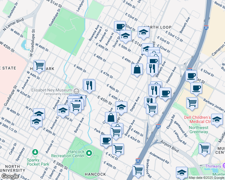 map of restaurants, bars, coffee shops, grocery stores, and more near 704 East 46th Street in Austin