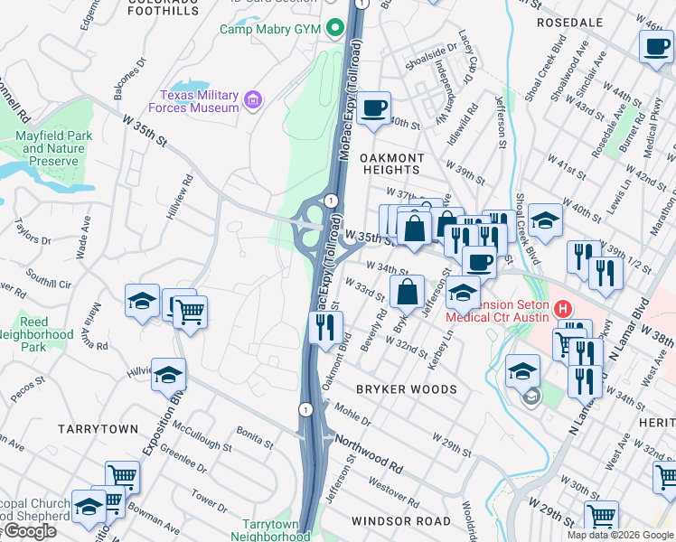 map of restaurants, bars, coffee shops, grocery stores, and more near 1911 West 34th Street in Austin