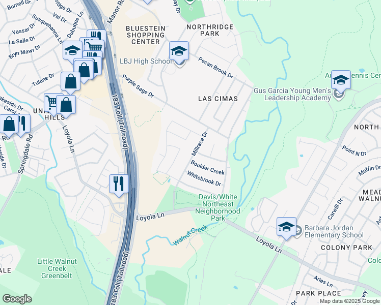 map of restaurants, bars, coffee shops, grocery stores, and more near 6908 Millrace Drive in Austin