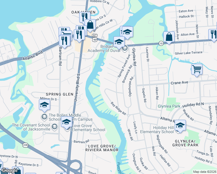 map of restaurants, bars, coffee shops, grocery stores, and more near 6219 Gloucester Road in Jacksonville