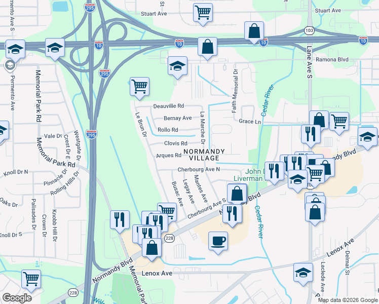 map of restaurants, bars, coffee shops, grocery stores, and more near 6935 Arques Road in Jacksonville