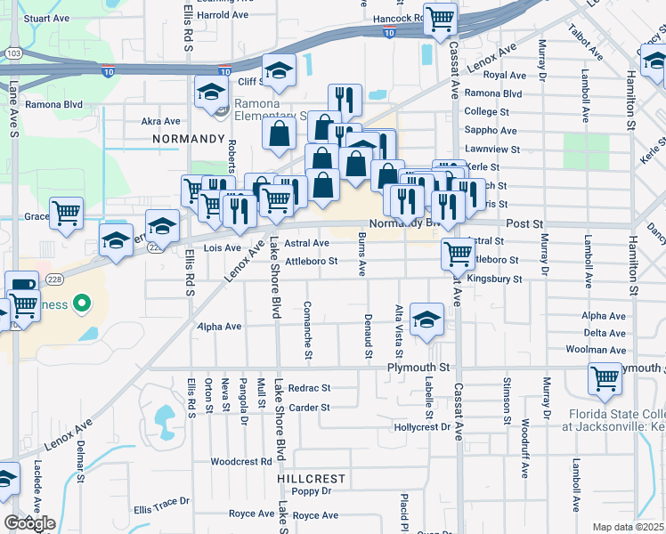 map of restaurants, bars, coffee shops, grocery stores, and more near 5242 Attleboro Street in Jacksonville