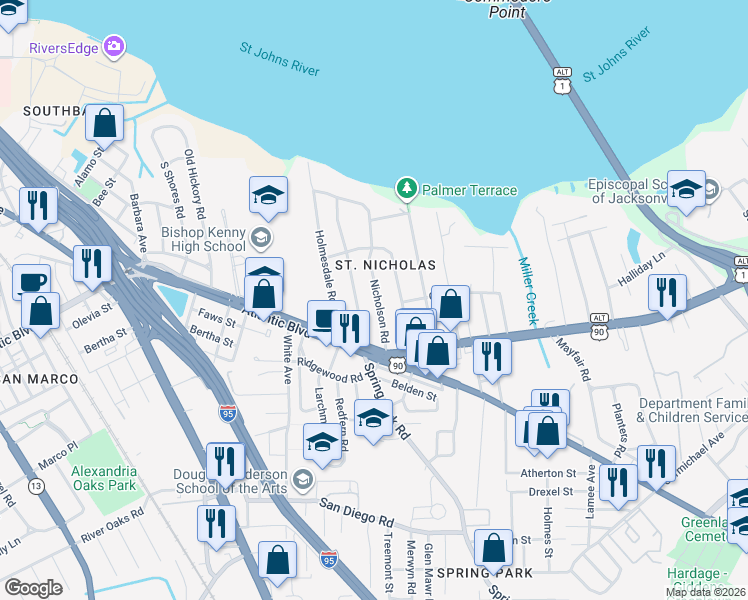 map of restaurants, bars, coffee shops, grocery stores, and more near 1409 Monticello Road in Jacksonville