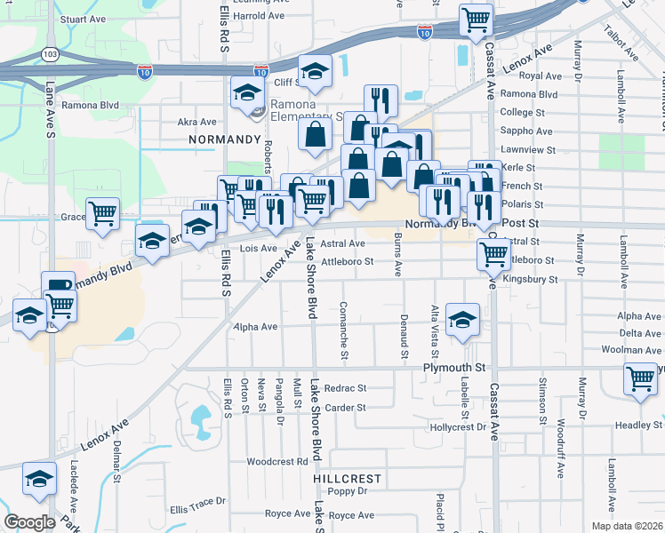 map of restaurants, bars, coffee shops, grocery stores, and more near 5334 Attleboro Street in Jacksonville