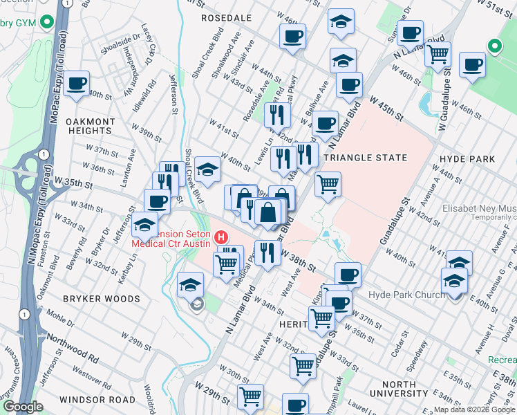 map of restaurants, bars, coffee shops, grocery stores, and more near 1218 West 39th Street in Austin