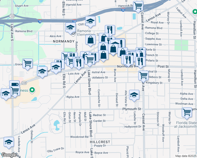 map of restaurants, bars, coffee shops, grocery stores, and more near 5318 Attleboro Street in Jacksonville