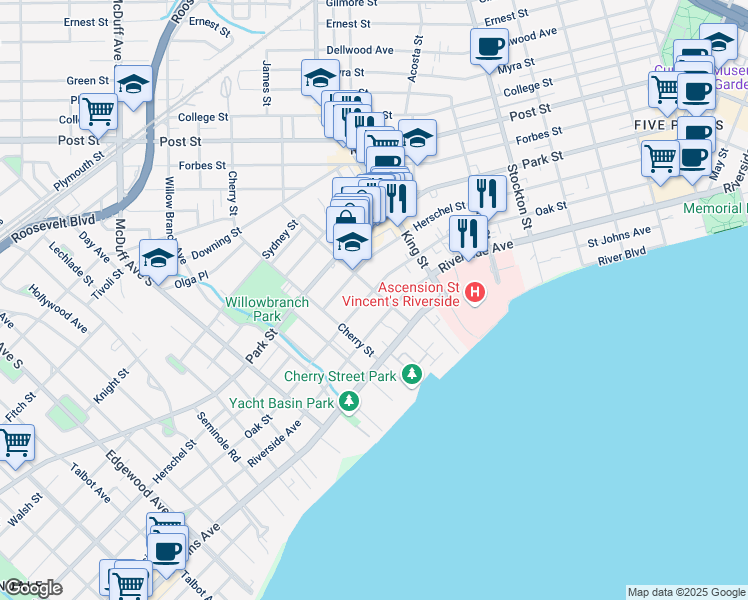 map of restaurants, bars, coffee shops, grocery stores, and more near 2782 Oak Street in Jacksonville