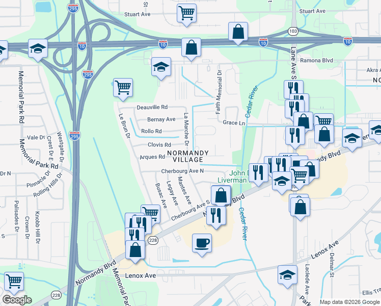 map of restaurants, bars, coffee shops, grocery stores, and more near 925 La Marche Drive in Jacksonville