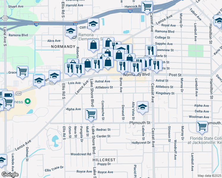 map of restaurants, bars, coffee shops, grocery stores, and more near 5242 Attleboro Street in Jacksonville
