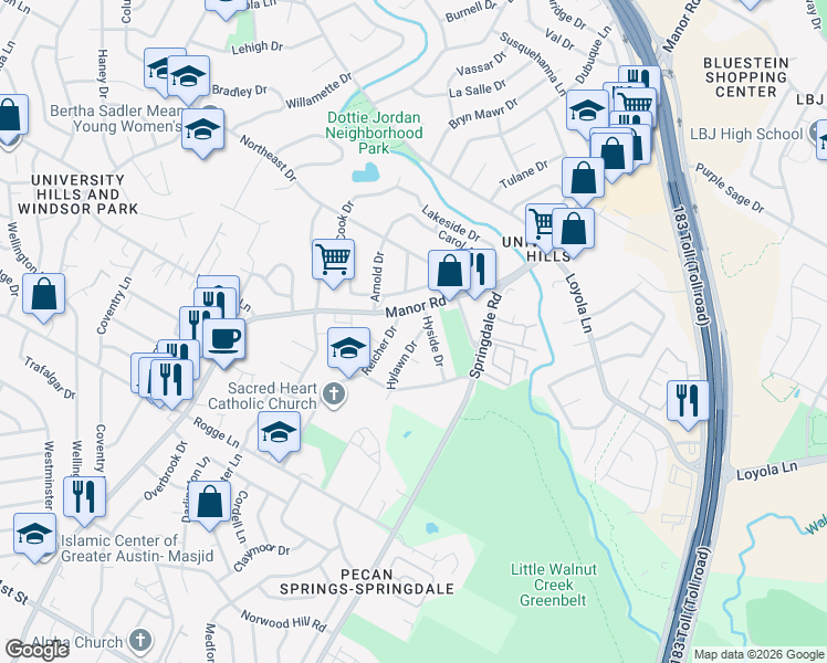 map of restaurants, bars, coffee shops, grocery stores, and more near 6206 Hylawn Drive in Austin