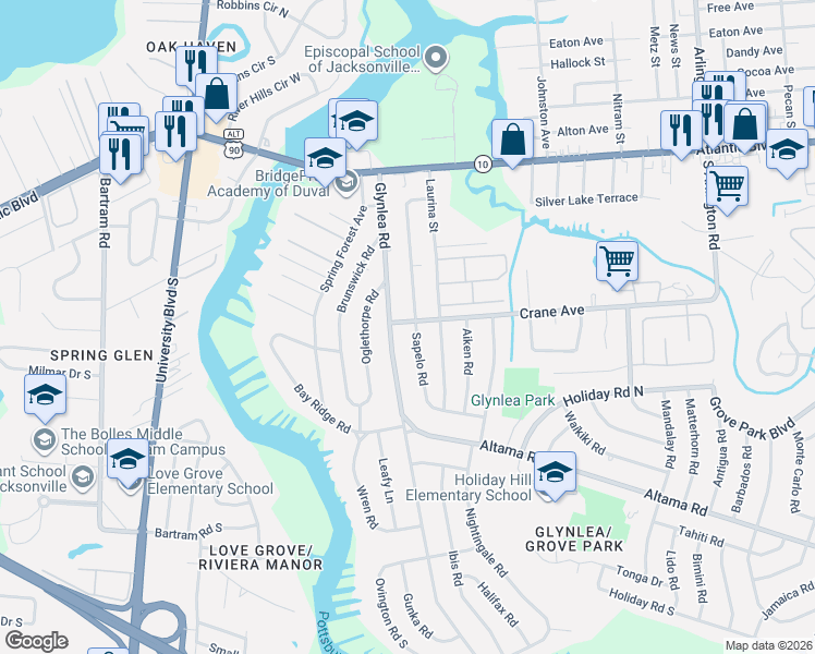 map of restaurants, bars, coffee shops, grocery stores, and more near 406 Sapelo Road in Jacksonville
