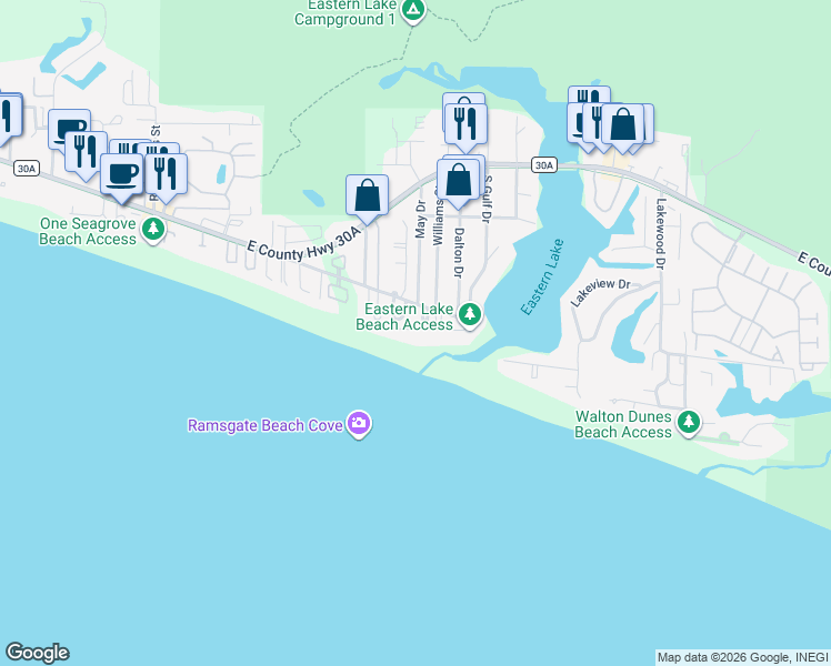 map of restaurants, bars, coffee shops, grocery stores, and more near 28 Camelot Lane in Santa Rosa Beach