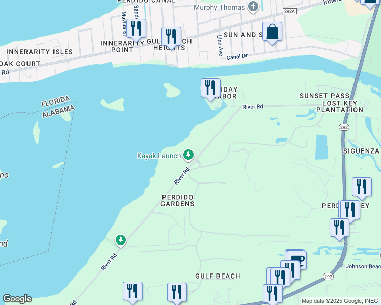 map of restaurants, bars, coffee shops, grocery stores, and more near 14300 River Road in Pensacola