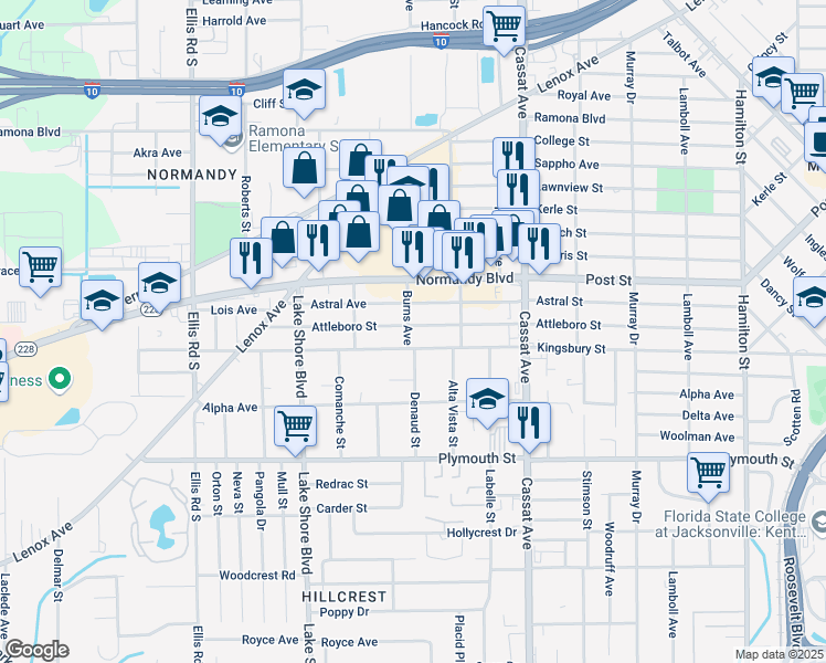 map of restaurants, bars, coffee shops, grocery stores, and more near 5154 Attleboro Street in Jacksonville
