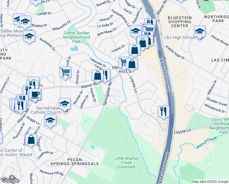 map of restaurants, bars, coffee shops, grocery stores, and more near 6409 Springdale Road in Austin