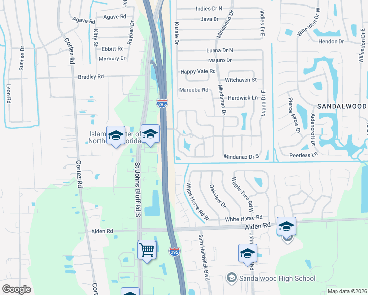 map of restaurants, bars, coffee shops, grocery stores, and more near 2413 Ironstone Drive North in Jacksonville