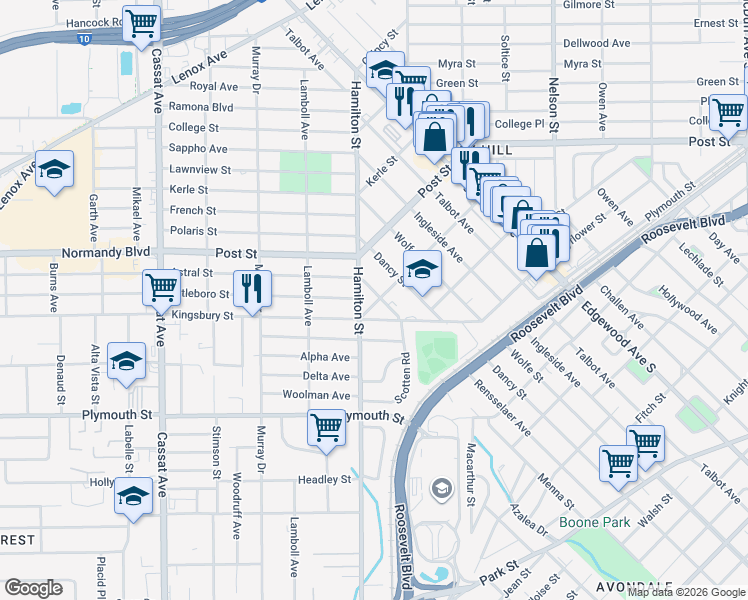 map of restaurants, bars, coffee shops, grocery stores, and more near 1052 Lark Street in Jacksonville