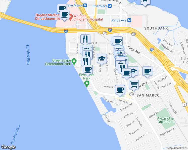 map of restaurants, bars, coffee shops, grocery stores, and more near 1667 San Marco Boulevard in Jacksonville