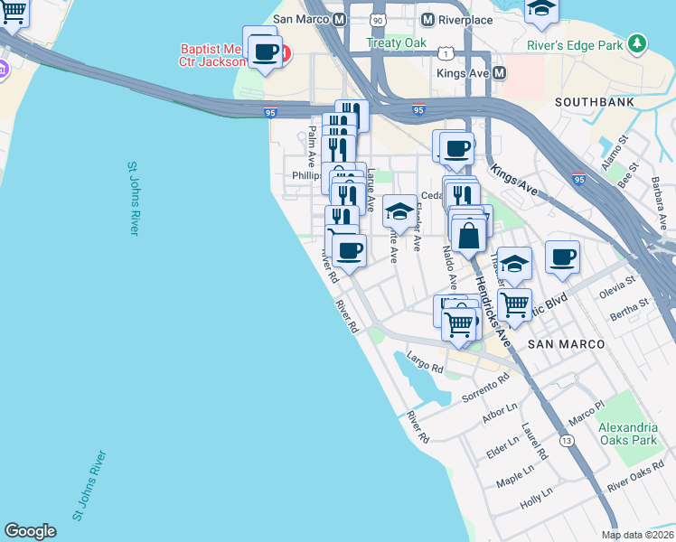 map of restaurants, bars, coffee shops, grocery stores, and more near 1662 River Road in Jacksonville