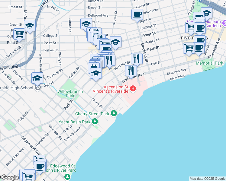 map of restaurants, bars, coffee shops, grocery stores, and more near 2730 Riverside Avenue in Jacksonville