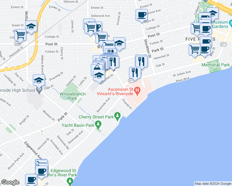 map of restaurants, bars, coffee shops, grocery stores, and more near 2730 Riverside Avenue in Jacksonville