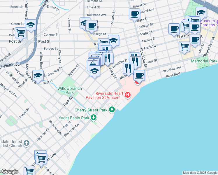 map of restaurants, bars, coffee shops, grocery stores, and more near 2730 Riverside Avenue in Jacksonville