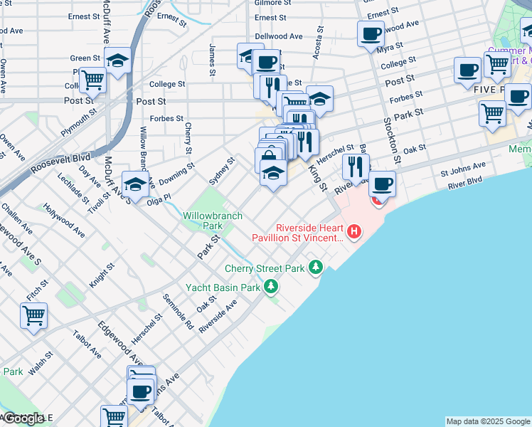 map of restaurants, bars, coffee shops, grocery stores, and more near 2820 Herschel Street in Jacksonville